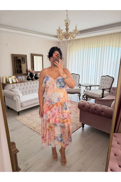 bussrabutik Floral desenli pileli askılı yırtmaçlı şifon midi elbise