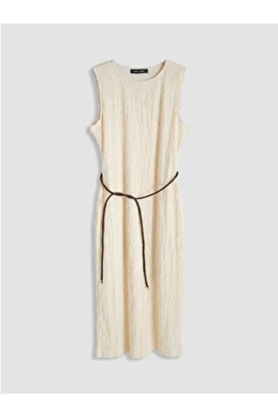 LC Waikiki New Season Ecru Crew Neck Belted Textured Dress