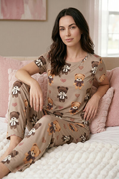Night Era Kadın Açık Kahverengi Kalp ve Ayı Baskılı Rahat Kesim Pijama Takımı
