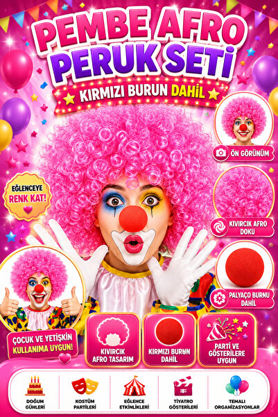 Tamsena Store Pembe Afro Bonus Peruk ve Kırmızı Palyaço Burnu Seti Parti Kost...