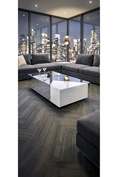 LUXURY VİLLA LUXURY GÜMÜŞ AYNALI BEYAZ CAMLI DEKORATİF ORTA SEHPA 80x140 YÜKS...