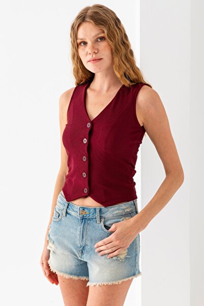 GİYSA Women's V-Neck Buttoned Vest Claret Red - 2426