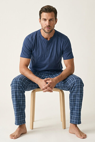 DAT Men's Pajama Set 100% Cotton Short Sleeve Henley Collar Buttoned Top Navy...