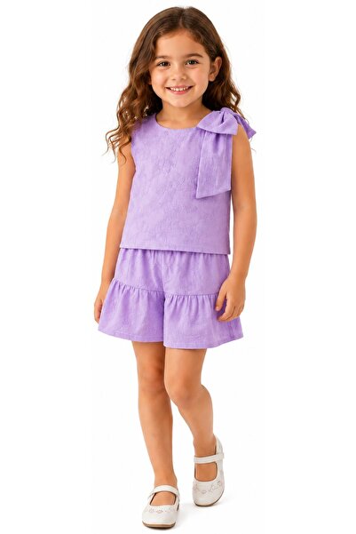 İrem Çocuk Giyim Girl's Floral Embroidered Shoulder Bow Detail Lilac Color Sh...
