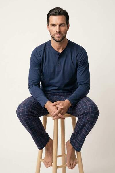 DAT Men's Pajama Set 100% Cotton Long Sleeve Henley Collar Buttoned Top Navy ...