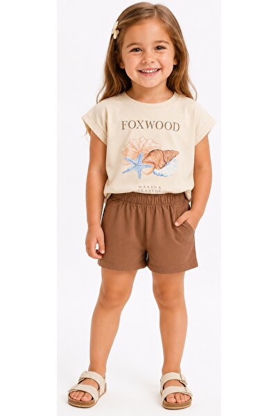 İrem Çocuk Giyim Girl's Shell Printed T-Shirt and Elastic Waist Shorts Beige ...