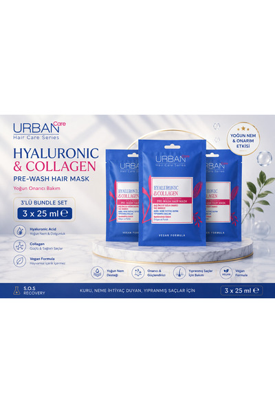 Urban Care Hyaluronic & Collagen Saç Bakım Maskesi 3x25 ml - Duş Öncesi Onarı...