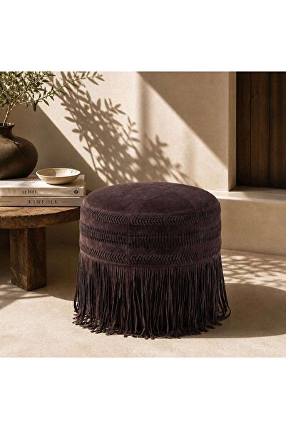 PAN HOME Evadne Leather Pouf With Fringes 50x50x40cm - Brown