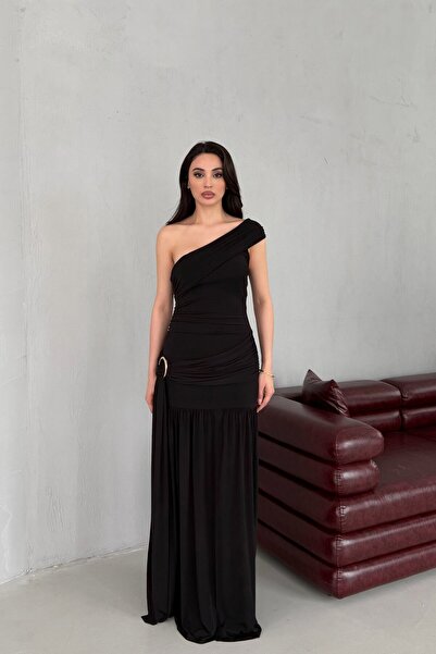 Serica Moda Black Asymmetrical Collar Long Dress with Waist Buckle
