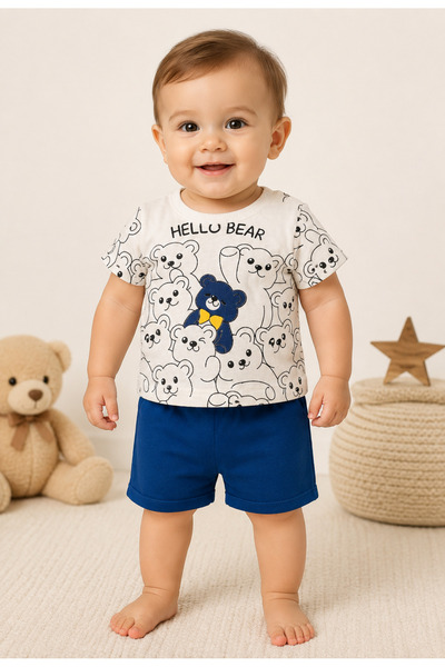 LİLİYUM Baby Boy Hello Bear Printed Shorts Set 100% Cotton Shorts