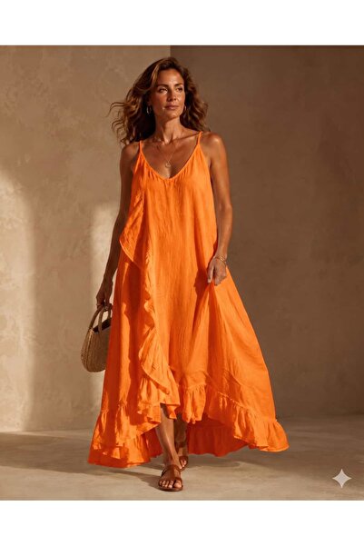 Punta Otantik Pts260015 Rope Strap Front Ruffle Linen Cotton Ruina Dress Orange
