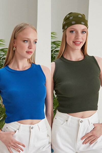Feyece Women's Saks Blue Khaki Halter Neck 2-Piece Crop Blouse
