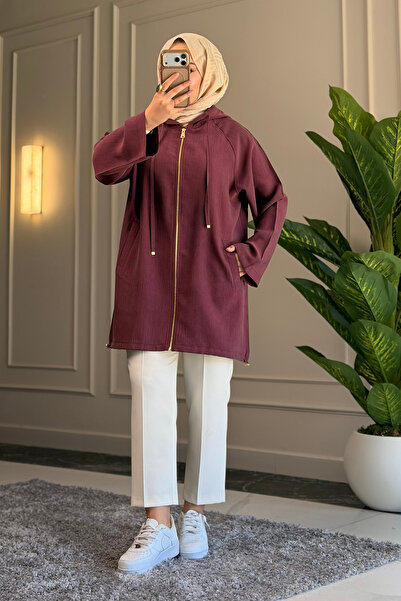 Suede Style 6406 - Rahat Fermuarlı Cepli Kapüşon Detaylı Uzun Kap