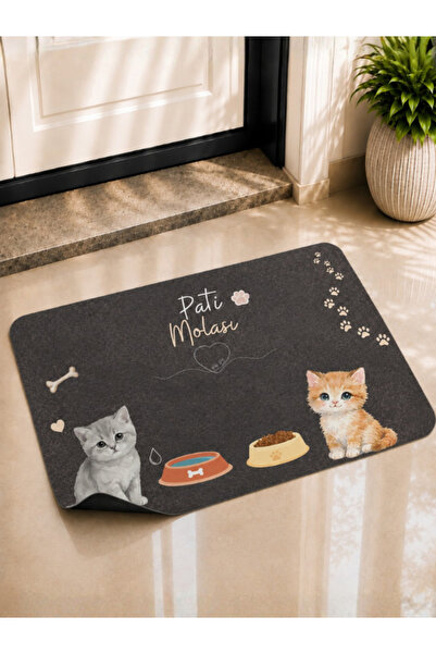 BERT "Pati Molası" Cat Patterned Door Mat and Food Bowl Mat 70X45 cm Non-Slip...
