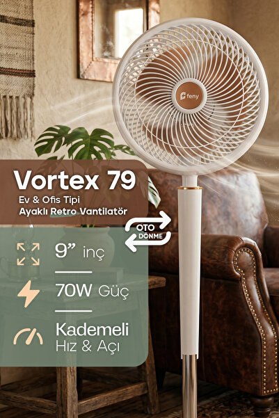 Feny Vortex 70W Ayaklı Retro Vantilatör Çift Motorlu 3 Kademeli Döner Başlıkl...