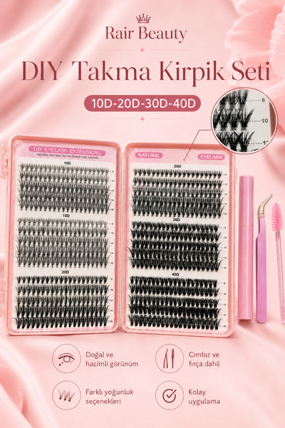 RAİR BEAUTY Profesyonel İpek Kirpik Seti 600 Parça Kirpik, Yapıştırıcı, Sabit...