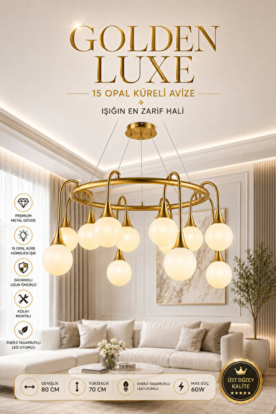 Elvora Home Eskitme (PREMİUM) Gold 15 Opal Küreli LED Avize Salon Yemek Odası...