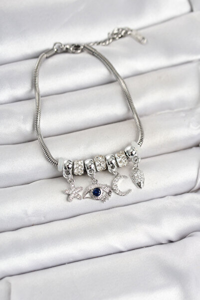 Hobibahçem Brass Silver Color Women's Bracelet with Eye Detail and Charm