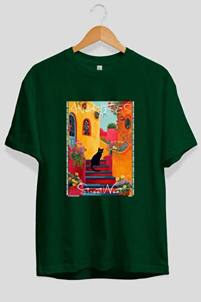 Ankhises T-shirt "For the Love of Cats 22" με στάμπα γάτας, πράσινο, oversize...