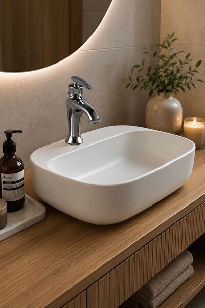 LENA E-2102 Tezgah Üstü Porselen Lavabo Beyaz Tezgah Üstü Lavabo