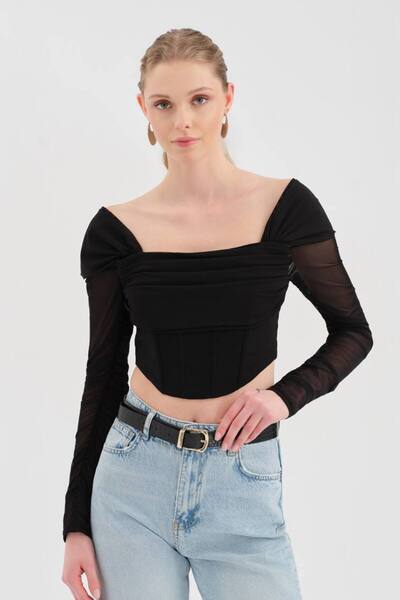 tw3 Corset de damă cu mâneci lungi, cu bretele, cu detalii din tul și design ...