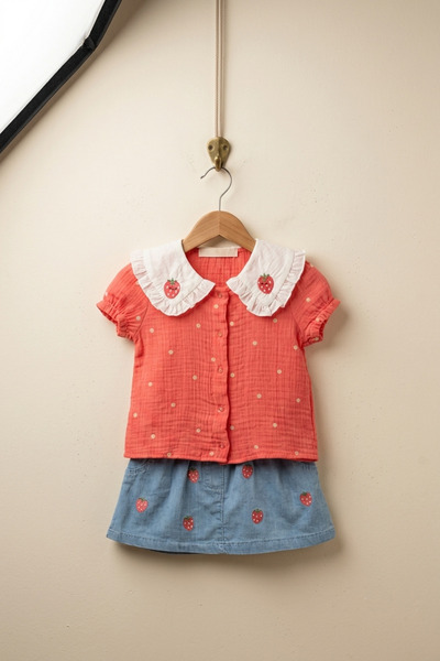 zumino Floral Embroidered Denim Skirt Muslin 2-Piece Set Summer
