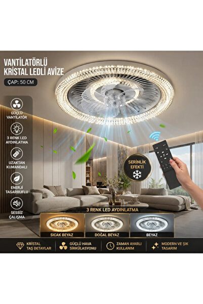 Elektroyou Ossa Yeni Premium Serisi Vantilatörlü Kristal Ledli Avize Uzaktan ...