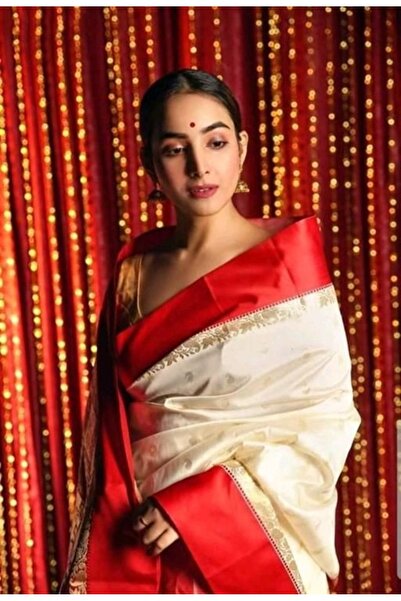 Silk Nagri ساري بنغالي تقليدي نصف حريري للنساء مع قطعة بلوزة باللون الأبيض ال...