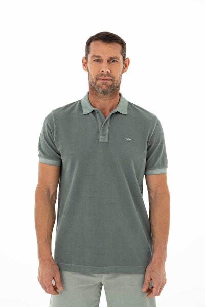 Erkek Yeşil % 100 Pamuk Regular Fit Parça Boyama Polo Yaka T-shirt Y25374376001