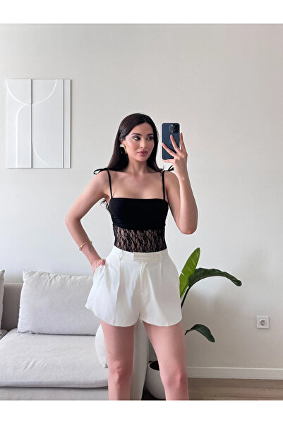 Zoom Butik Askılı Güpürlü Bodysuit - SİYAH