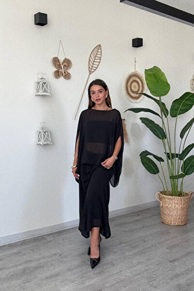 çatı moda Kadın Siyah Şifon Pelerin Bluz