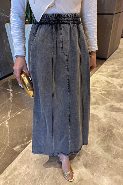 İmajButik Smoked Elastic Waist Denim Skirt