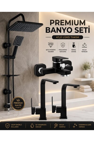 Viosa Mat Siyah Kare Model Lavabo Banyo Mutfak Bataryası Musluk Robot Duş Set...
