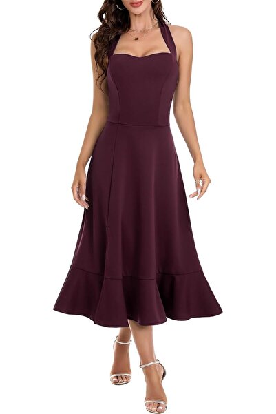 OEM Rochie elegantă de vară cocktail midi Rochie de seară bordo S
