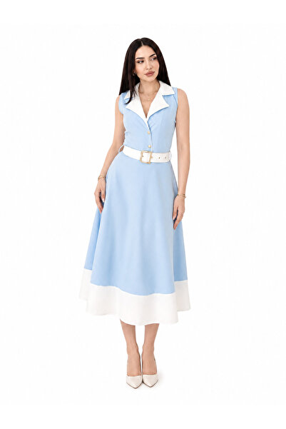 vulgariromania Rochie midi elegantă de damă, cu curea inclusă, fără mâneci, c...
