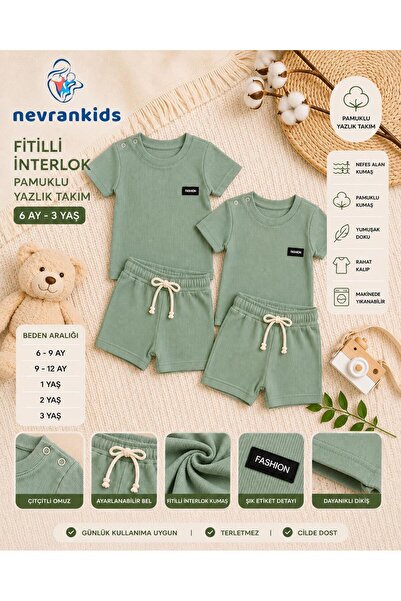 nevrankids Fitilli İnterlok Pamuklu Yazlık Bebek Takımı Şortlu Unısex İkili Takım 6 Ay - 3 Yaş - Çağla Yeşil