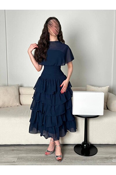 Haifa Fashion فستان كحلي فاخر بتفاصيل شيفون راقية وطبقات انسيابية