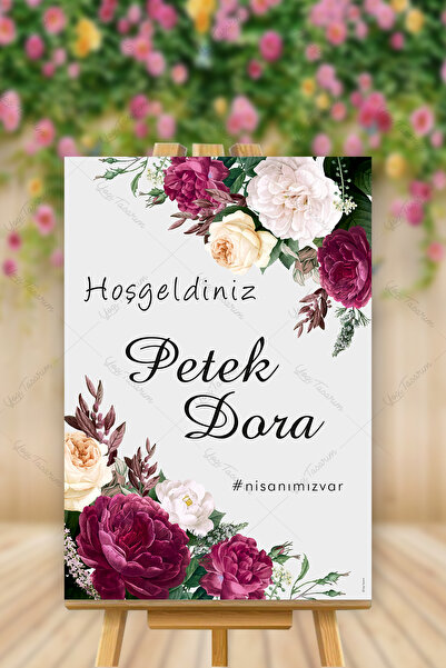 Yogi Tasarım Mor Çiçek Nişan Karşılama Panosu 40x60cm MDF