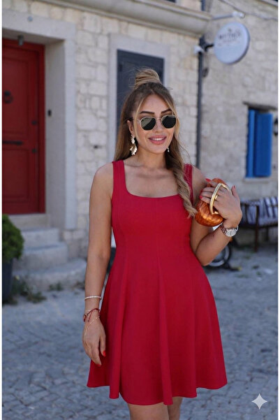 Mzr Collection Fitilli Kare Yaka Sıfır Kol Elbise- Kırmızı KIRMIZI