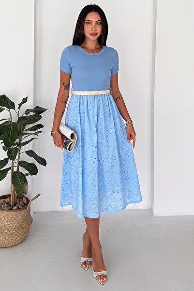 Noa&Noa Women's Embroidered Belted Midi Dress Short Sleeve Casual Stylish Dress