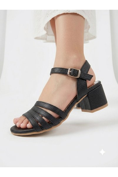 SOFT BEBE Young Girl's Black Leather Ankle-Strap Evening Dress Shoes with Heels