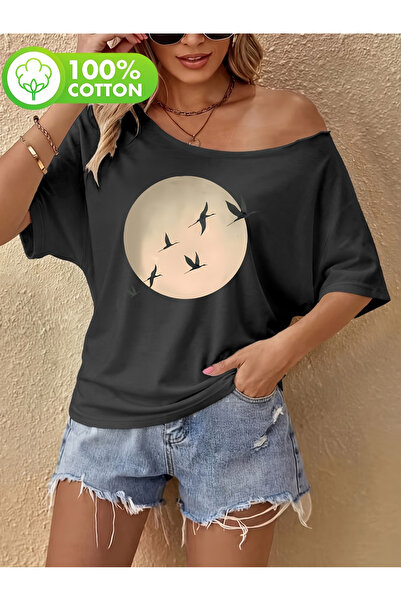 OVER HEAD Tricou de damă cu imprimeu Moon And Birds, cu gât barcă și umeri go...