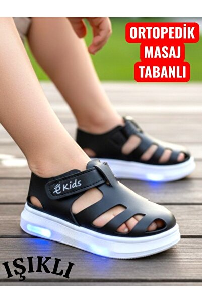 MARKABONİ Işıklı Cırt Cırtlı Çocuk Siyah Yumuşak Ortopedik Taban Spor Sandale...