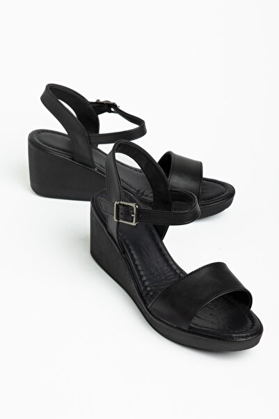 Dilimler Ayakkabı Women's Wedge Heeled Sandals Black Thick Strapped with Safe...