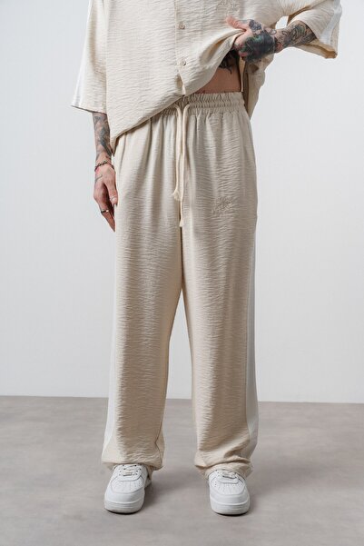 Respire Men's District Embroidered Baggy Trousers Beige
