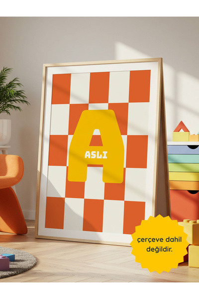 Çocuk Odası Kişiye Özel Poster, Çocuklara Özel, Çerçevesiz Poster, Turuncu Dama Sarı Harf