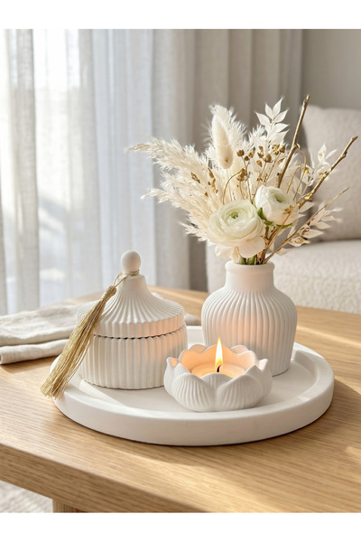 LALEZEN HOME Püsküllü Kapaklı Kutu & mumluk gül & vazo& tepsi set