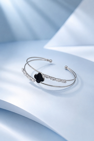 THE Steel Silver Color Black Clover Figured Stone Women's Handcuff Bracelet