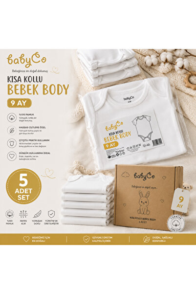 BabyCo 5’li Kısa Kollu Bebek Body 9 Ay %100 Pamuk Beyaz Bebek Zıbın Seti