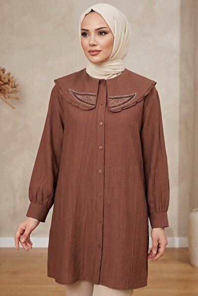 TOFİSA Taş Detaylı Çilek Tunik Kahve - 1326-KAHVE